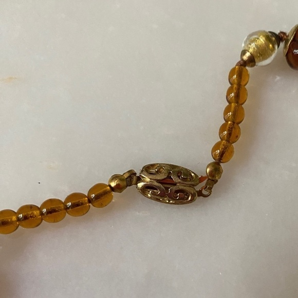 Glass Beaded Necklace Various Amber and Gold Colored Glass Beads - Picture 4 of 7